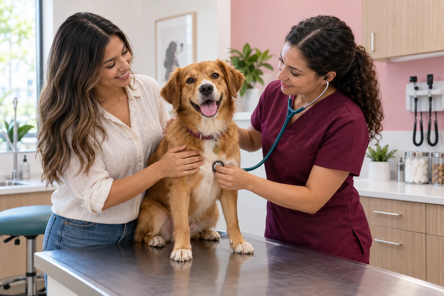 Veterinarian checking a happy dog during a wellness exam at Eureka Animal Clinic in Miami, FL
