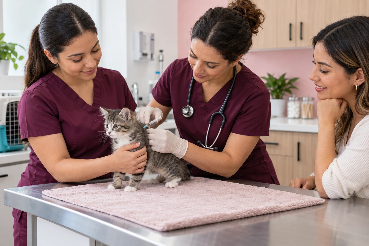 Kitten getting a vaccine from the veterinary team at Eureka Animal Clinic in Miami, FL