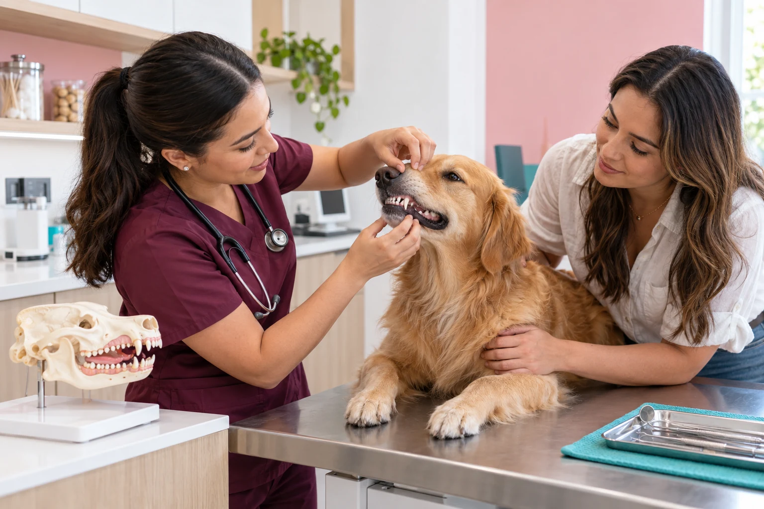 Veterinarian checking a golden retriever's teeth during dental care at Eureka Animal Clinic in Miami, FL