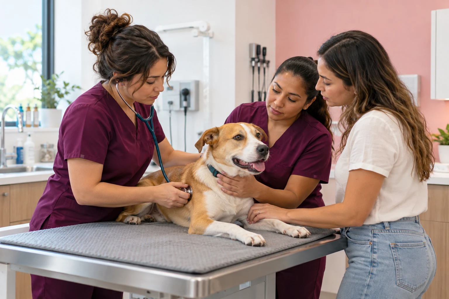 Veterinary team giving urgent care to a dog at Eureka Animal Clinic in Miami, FL
