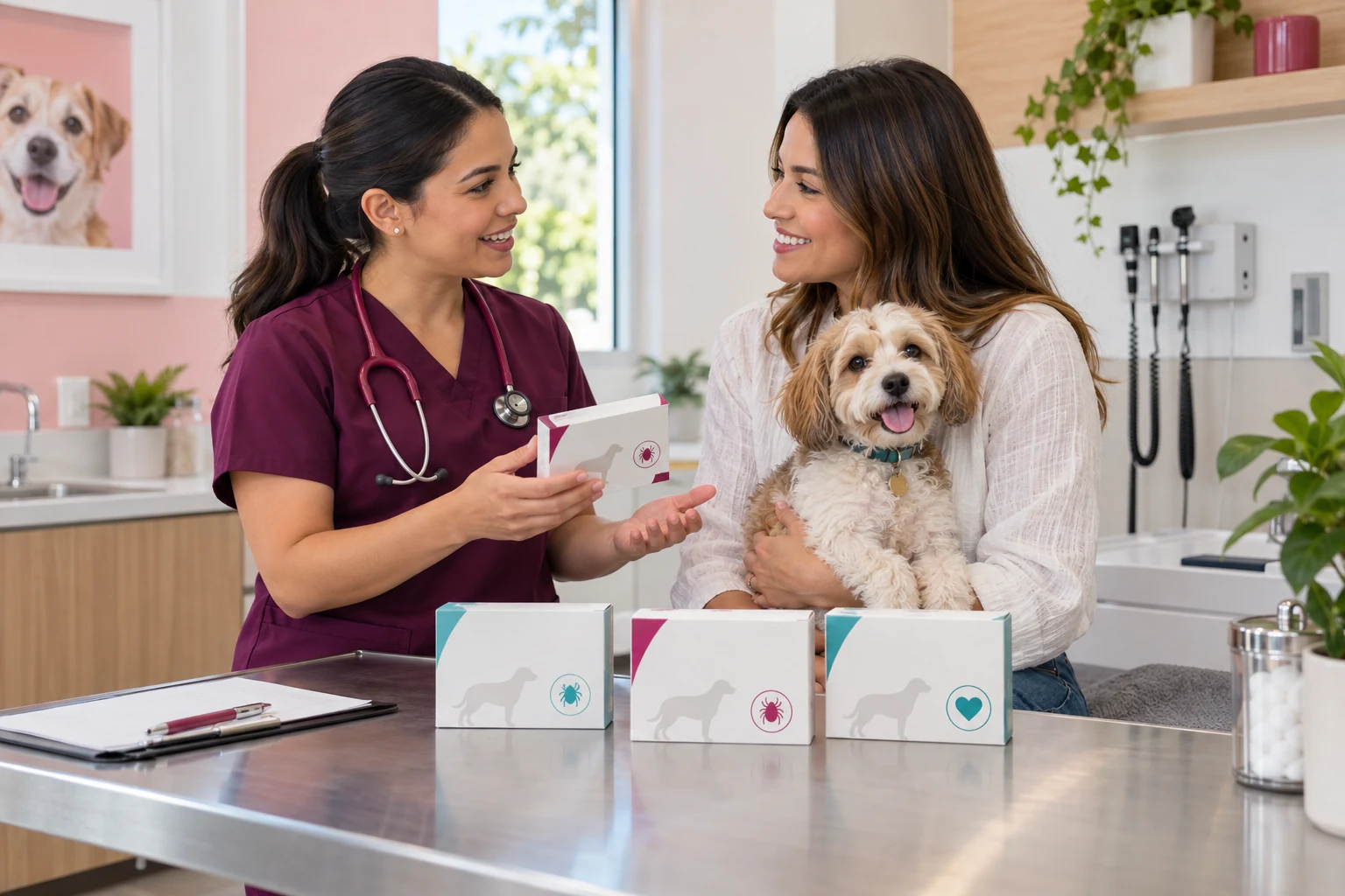 Veterinarian explaining flea, tick and heartworm prevention at Eureka Animal Clinic in Miami, FL