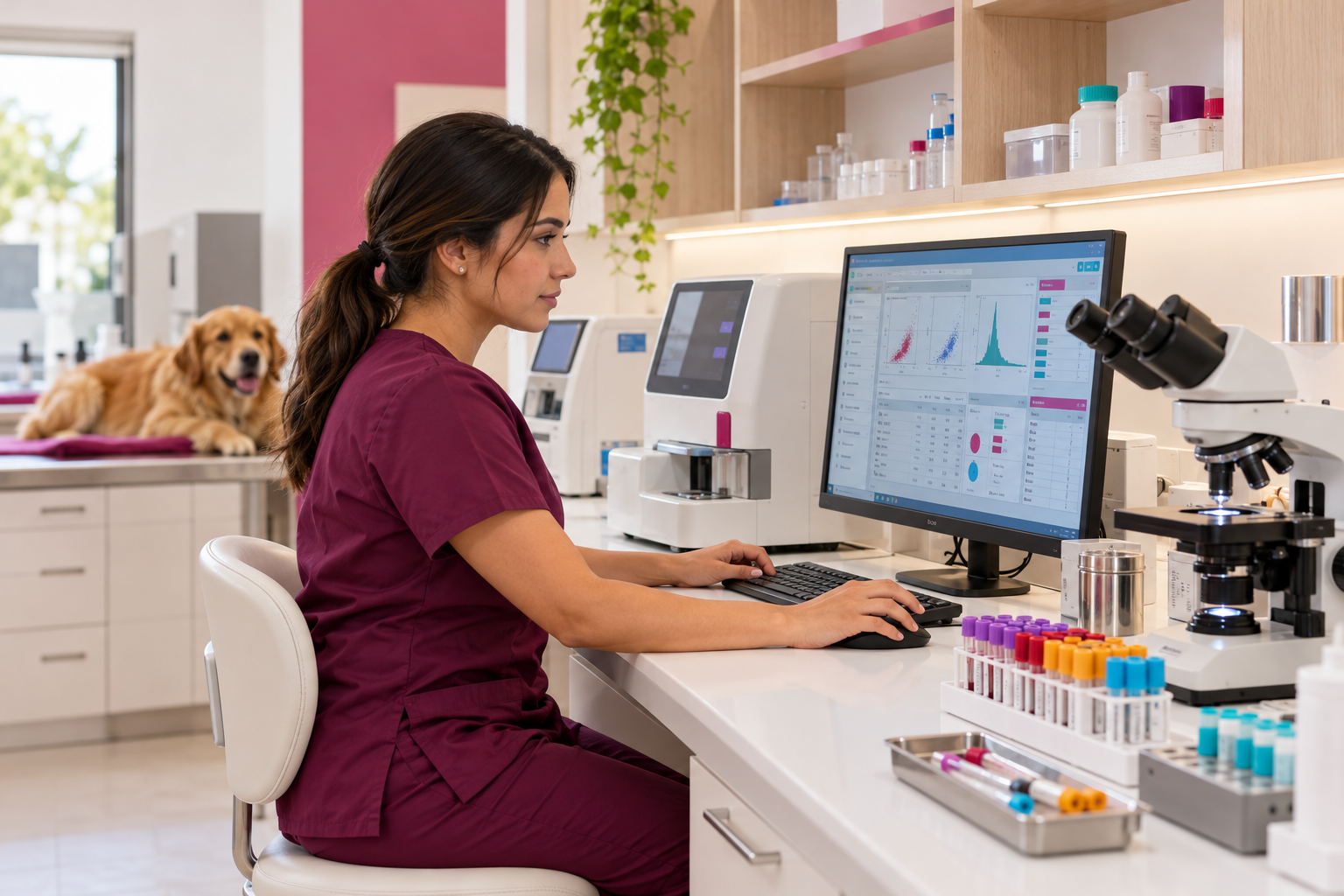 Veterinary technician reviewing lab results in the in-house laboratory at Eureka Animal Clinic in Miami, FL