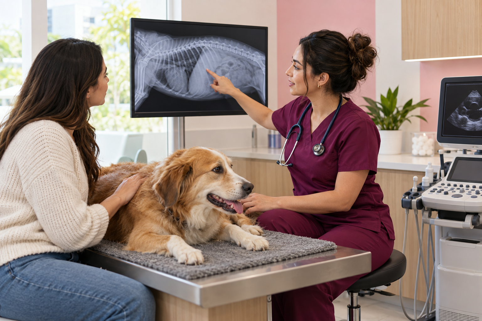 Veterinarian explaining a dog's digital X-ray to the owner at Eureka Animal Clinic in Miami, FL