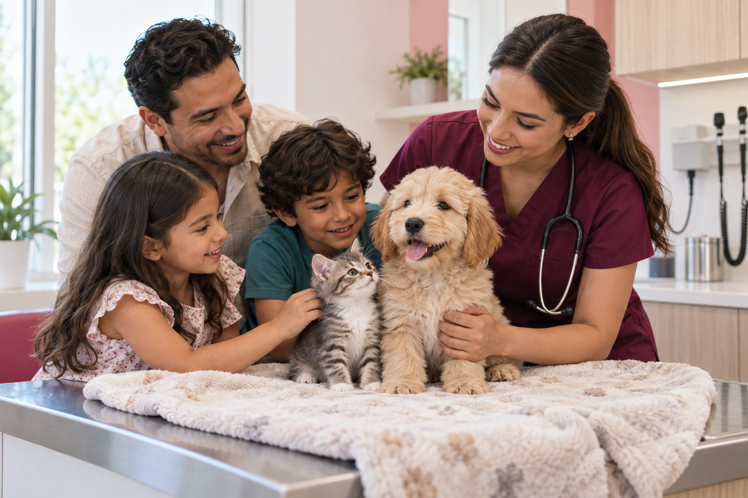 Family with a new puppy and kitten at their first visit to Eureka Animal Clinic in Miami, FL