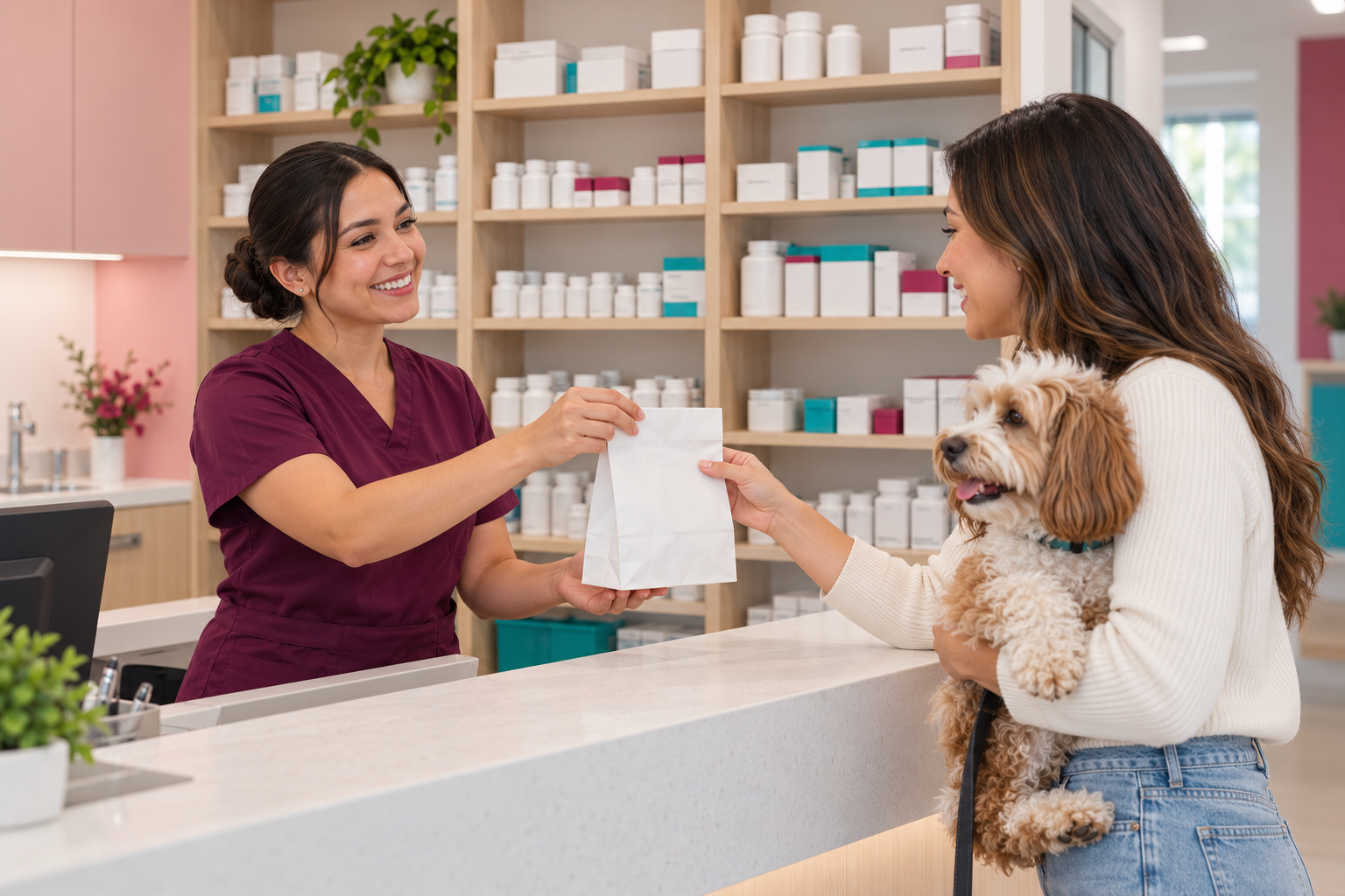 Staff member handing medication to a client at the Eureka Animal Clinic pharmacy in Miami, FL