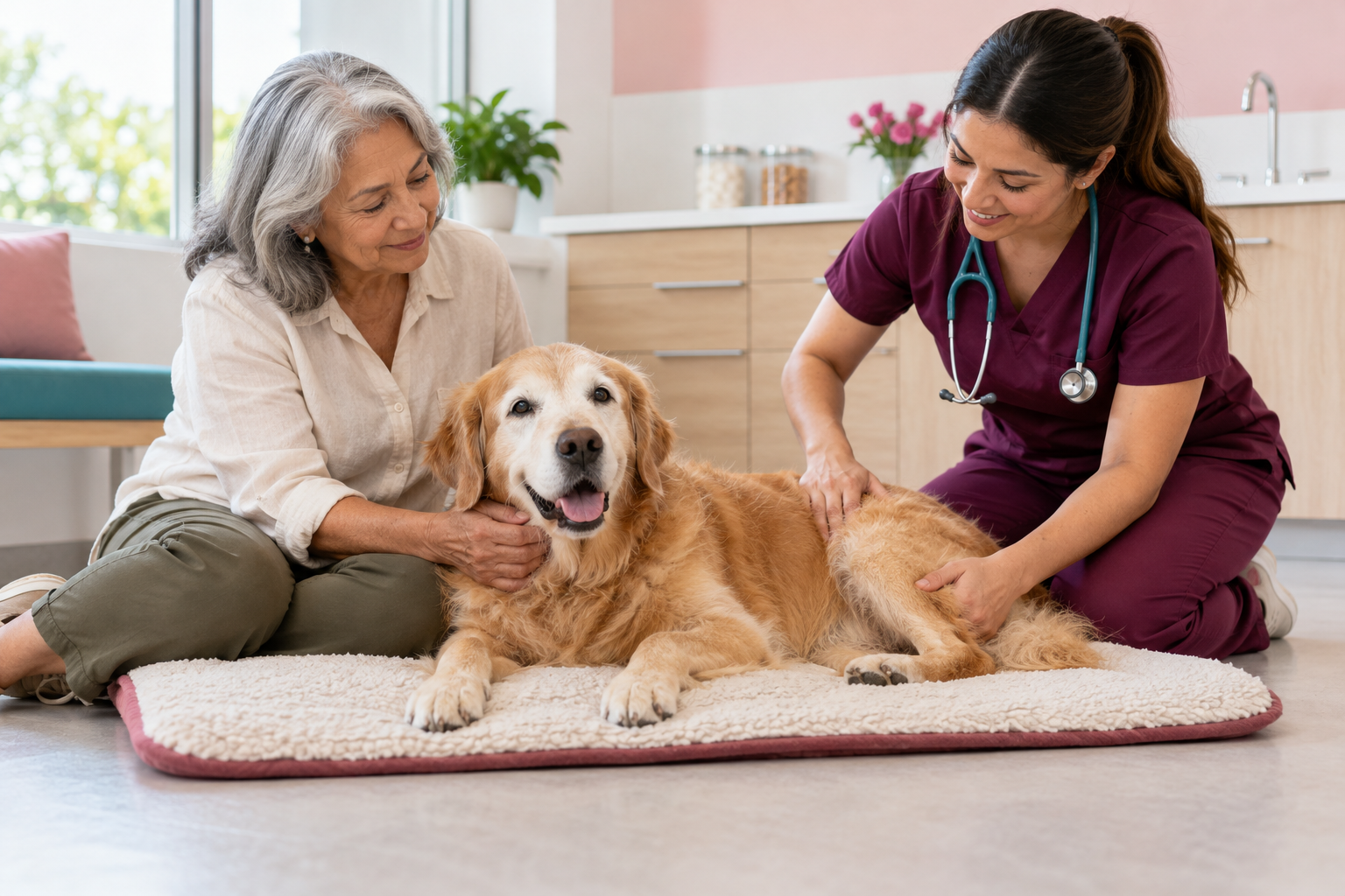 Veterinarian gently examining a senior golden retriever at Eureka Animal Clinic in Miami, FL