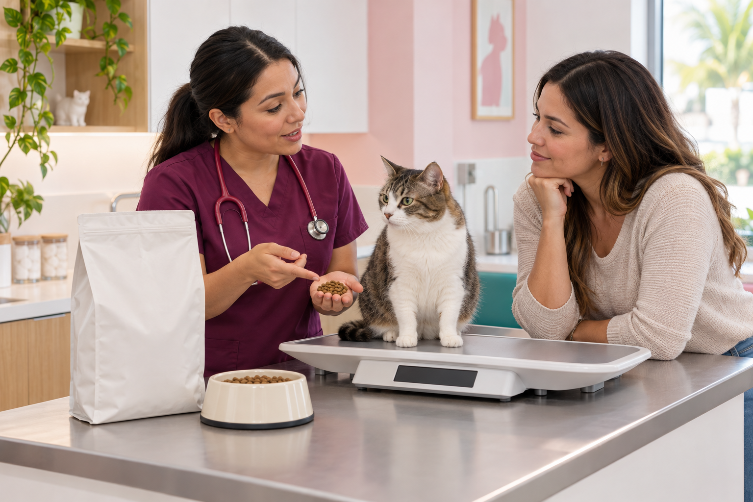 Veterinarian giving nutrition advice for a cat on a scale at Eureka Animal Clinic in Miami, FL