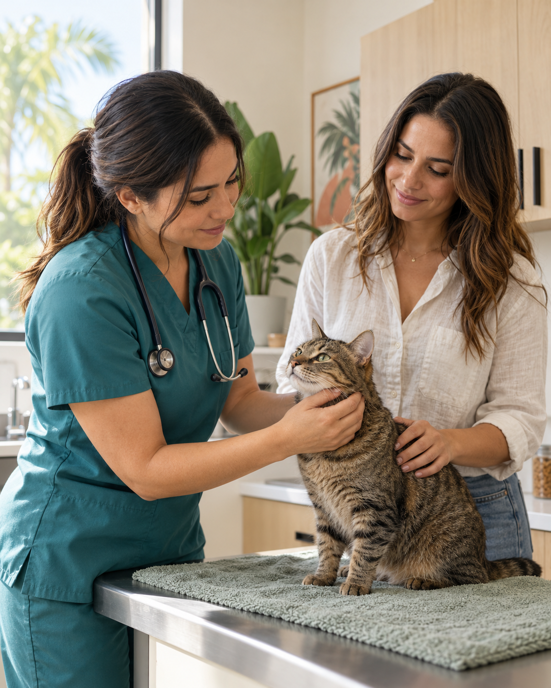 Veterinarian gently examining a tabby cat with its owner at Eureka Animal Clinic