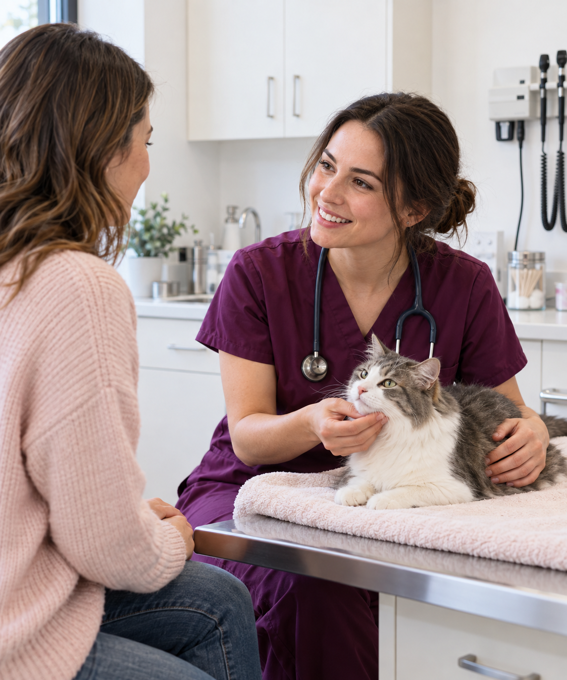 Eureka Animal Clinic veterinarian listening to a cat owner during an exam