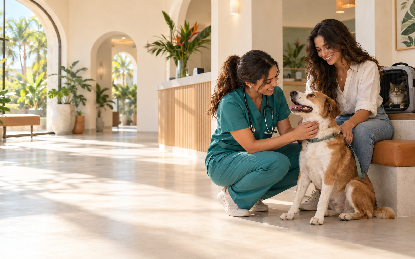 Happy dog greeted by a veterinarian and its owner in the Eureka Animal Clinic lobby