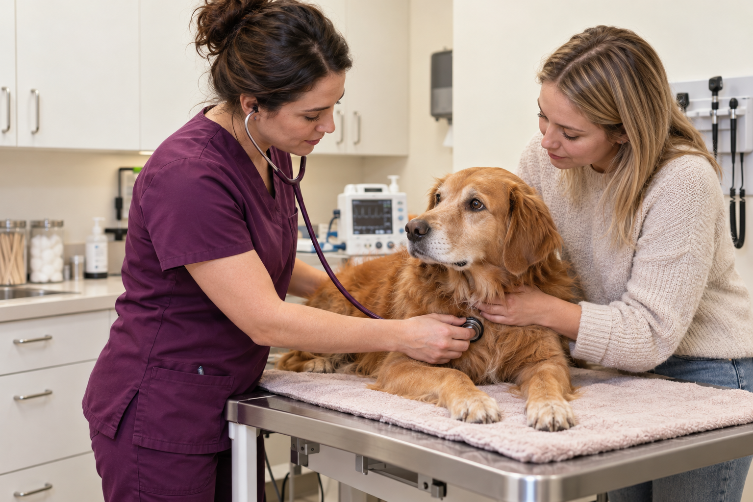 Veterinarian listening to a dog’s heart while the owner comforts him at Eureka Animal Clinic